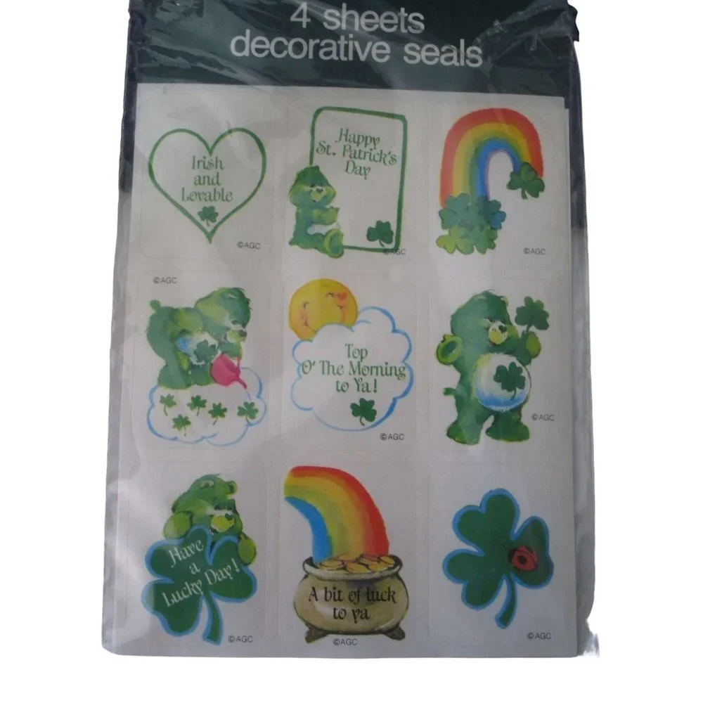 Good Luck Care Bear Shamrock St Patricks Day Vintage Stickers Two Sheets Used - Picture 3 of 13